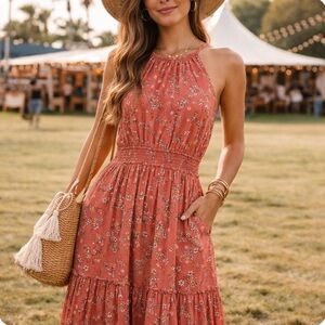 NWT Lost & Wander Red Floral V Neck Sz S Pockets Shirred Waist Lined Maxi Dress